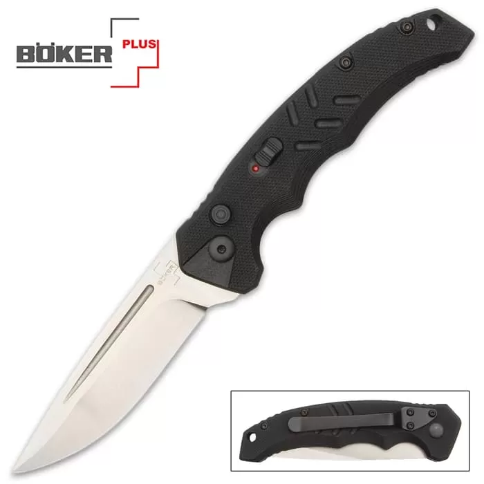 Boker Plus Black Intention Pocket Knife - D2 Tool Steel Blade, G10 Handle, Push Button Opening, Slide Lock - Length 7 4/5”