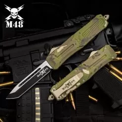 M48 Camo Automatic OTF Knife - Stainless Steel Blade, Cerakote Coated TPU Handle, Slide Trigger, Pocket Clip - Length 9 1/2"