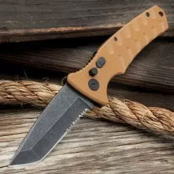 Bronze Serrated Automatic Knife - Stainless Steel Blade, G10 Handle, Safety Lock, Pocket Clip - Length 8"