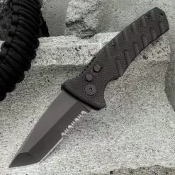 Black Serrated Automatic Knife - Stainless Steel Blade, G10 Handle, Safety Lock, Pocket Clip - Length 8"