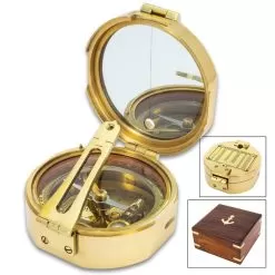 Compass In Wooden Box - High-Quality Brass Construction, Mirror Inside Lid, Specialized Instrument - Dimensions 4”X 4”X 2”