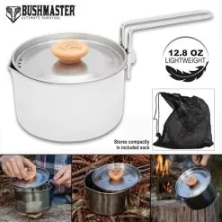 Bushmaster Ultimate Survival Camp Kettle Pot With Mesh Bag - Stainless Steel Pot, Wooden Handle, Steel Handle