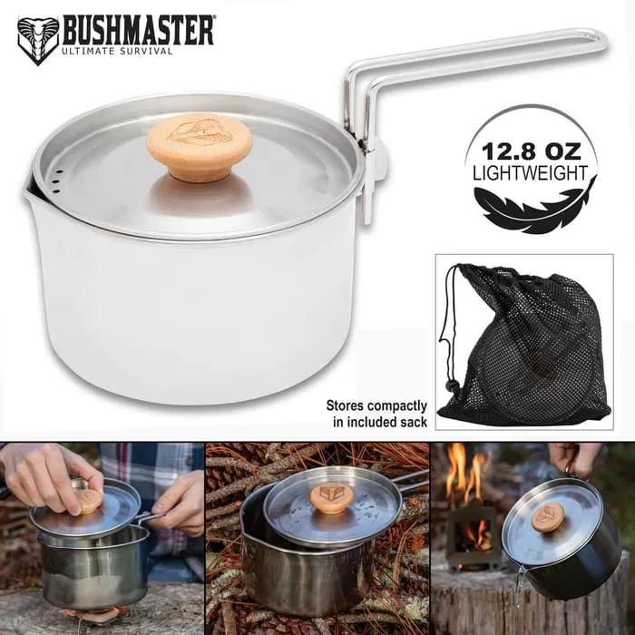 Bushmaster Ultimate Survival Camp Kettle Pot With Mesh Bag - Stainless Steel Pot, Wooden Handle, Steel Handle