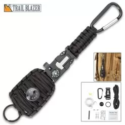 Trailblazer Paracord Fishing Kit With Carabiner - Integrated Compass, Emergency Whistle, Key Ring, Flint And Striker, Thermometer - Length 9 1/4β