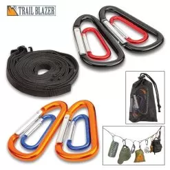 Trailblazer Camp Gear Suspension Rope With Mesh Bag - Polypropylene Ribbon Rope, Ten Stainless Steel Carabiners - Length 71 7/10β