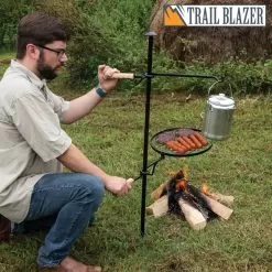 Trailblazer Fire Pit Grill And Cooking Pot Hanger - Solid Steel Construction, Wooden Handles