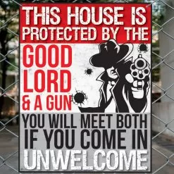 This House Is Protected By God Tin Sign - Vibrant Artwork, Corrosion Resistant, Mounting Holes - Dimensions 12 1/2”x 16”