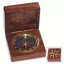 Compass Rose Box And Compass - Wooden Construction, Inlaid Design On Lid, Working Brass Compass, Great Gift Idea
