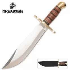 USMC Jungle Bowie Knife And Sheath - Stainless Steel Blade, Stacked Leather Handle, Brass Guard - Length 14"