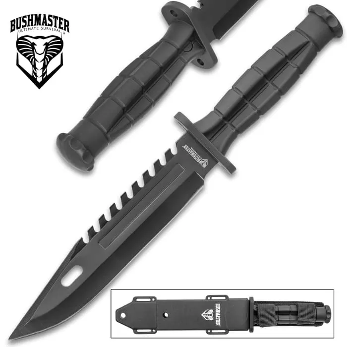 Bushmaster Black Adder Knife With Sheath - Stainless Steel Blade, Sawback, Non-Reflective Finish, TPR Handle - Length 12β
