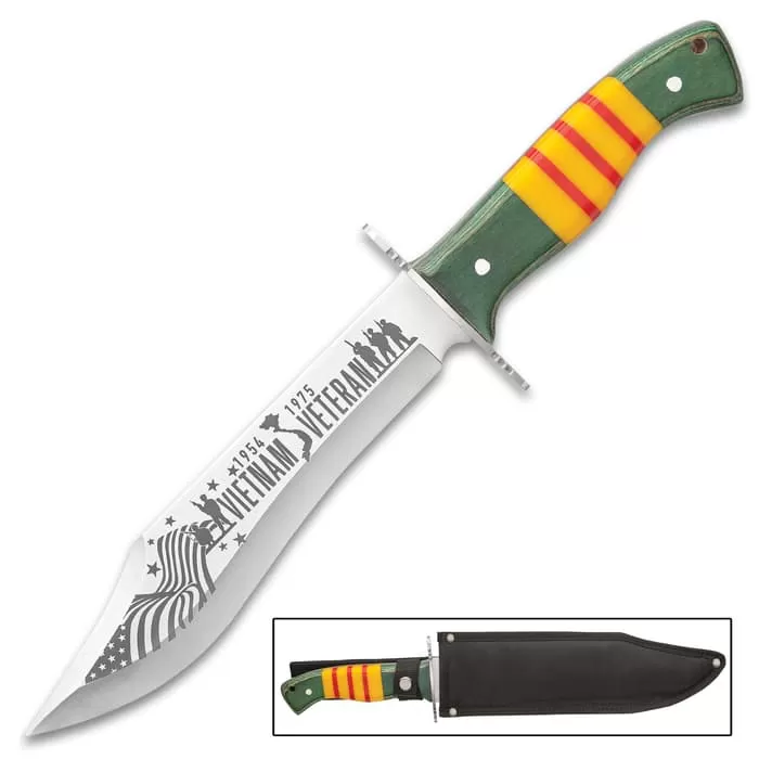 Vietnam Veteran Bowie Knife And Sheath - Stainless Steel Blade, Wooden Handle Scales, Stainless Steel Pins - Length 15β