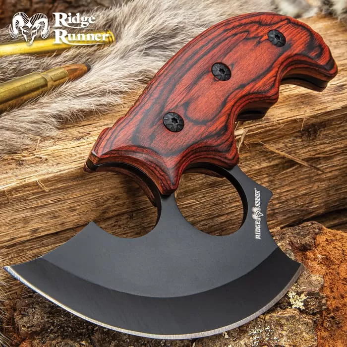 Ridge Runner Modified Ulu Knife With Sheath - Stainless Steel Blade, Full-Tang, Non-Reflective, Wooden Handle Scales - Length 6 1/2β