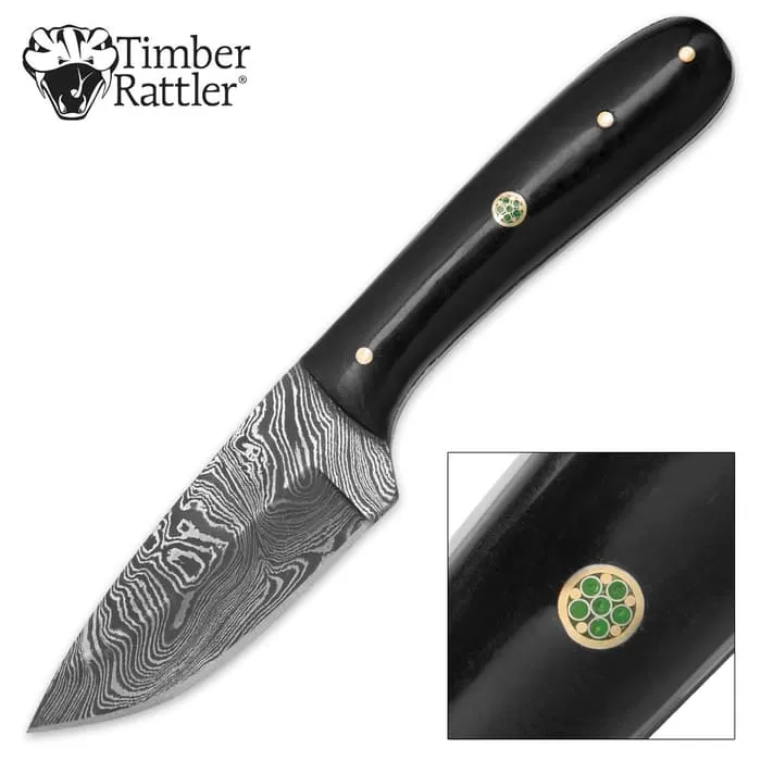 Timber Rattler Terra Preta Damascus Fixed Blade Knife With Leather Sheath