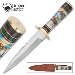 Timber Rattler Raindance Bowie / Fixed Blade Hunting Knife - 420 Stainless Steel - Genuine Bone And Pakkwood Handle With Carved Accents - Leather Sheath - Collecting, Field Use, Display And More - 12"