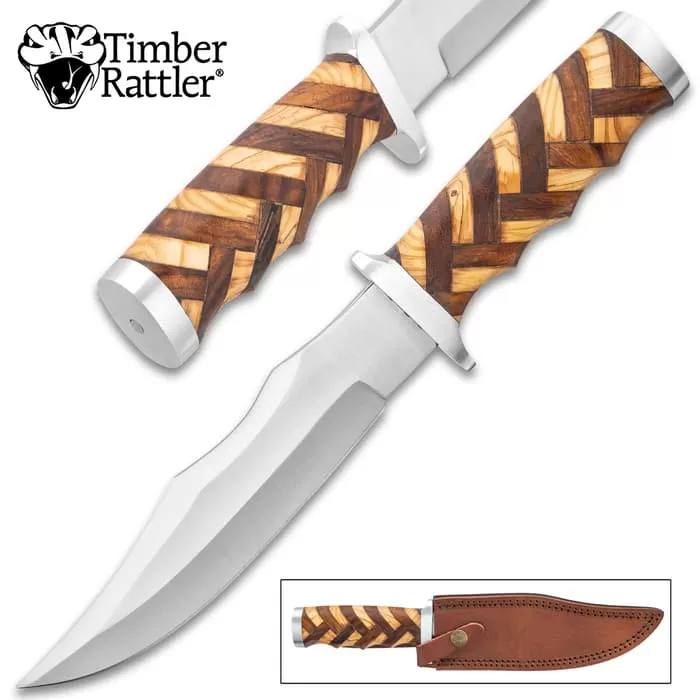 Timber Rattler Handcrafted Heirloom Bowie Knife And Sheath - Stainless Steel Blade, Walnut And Olive Wood Handle, Stainless Steel Guard And Pommel - Length 12β