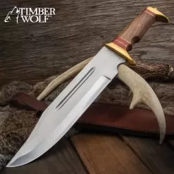 Timber Wolf Canberra Bowie Knife And Sheath - Stainless Steel Blade, Wooden Handle, Brass Pommel And Guard - Length 17”