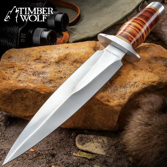Timber Wolf Leather Fighter Dagger With Sheath - Stainless Steel Blade, Banded Leather Handle, Stainless Steel Guard - Length 13β