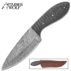 Timber Wolf River Bottom Knife With Sheath - Damascus Steel Blade, Fileworked Spine, Pakkawood Handle Scales - Length 9”