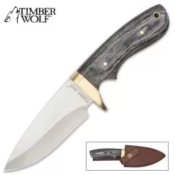 Timber Wolf Grey Skinner Knife And Sheath - Stainless Steel Blade, Pakkawood Handle Scales, Brass Half-Guard - Length 9”