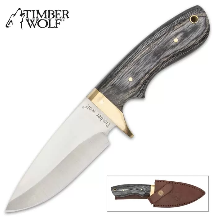 Timber Wolf Grey Skinner Knife And Sheath - Stainless Steel Blade, Pakkawood Handle Scales, Brass Half-Guard - Length 9β