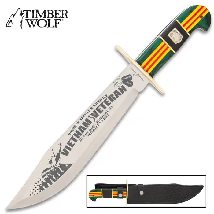 Timber Wolf Vietnam Veteran Bowie Knife With Sheath - Stainless Steel Blade, Wood And Bone Handle, Brass Guard - Length 16β