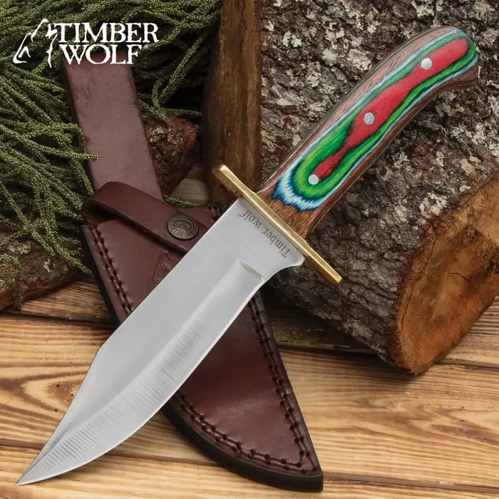 Timber Wolf Rainbow Knife And Sheath - Stainless Steel Blade, Pakkawood Handle Scales, Brass Guard - Length 10 3/4β
