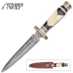 Timber Wolf Zulu Dagger And Sheath - Damascus Steel Blade, Bone Handle, Fileworked Guard And Pommel - Length 12 3/4”