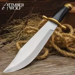 Timber Wolf Indus Valley Bowie Knife And Sheath - Stainless Steel Blade, Black Buffalo Horn Handle, Brass Pommel - Length 16”