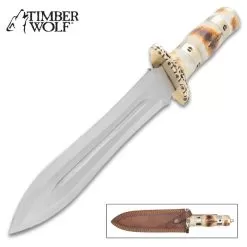 Timber Wolf Stag Stalker Dagger And Sheath - Stainless Steel Blade, Stag Bone Handle, Brass Guard And Pommel - Length 14”