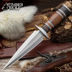 Timber Wolf Fur Trapper Dagger And Sheath - Stainless Steel Blade, Wood And Resin Handle - Length 12"