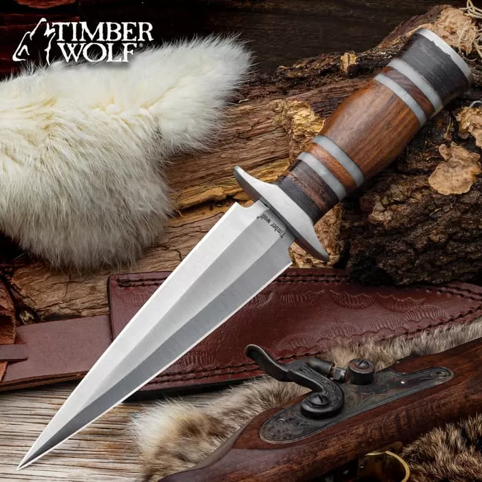 Timber Wolf Fur Trapper Dagger And Sheath - Stainless Steel Blade, Wood And Resin Handle - Length 12"