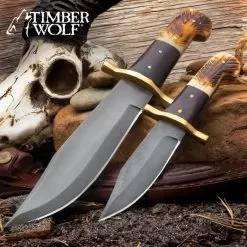 Timber Wolf Bison Plains Two-Piece Set With Twin Sheath - Blued Carbon Steel Blades, Walnut Wood And Bone Handles