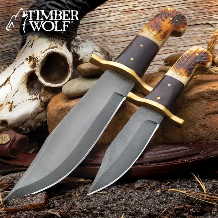 Timber Wolf Bison Plains Two-Piece Set With Twin Sheath - Blued Carbon Steel Blades, Walnut Wood And Bone Handles
