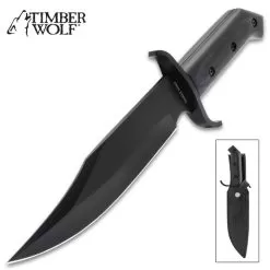 Timber Wolf Blackout Bowie Knife And Sheath - Black 3Cr13 Stainless Steel Blade, Wooden Handle Scales - Length 12 1/2”