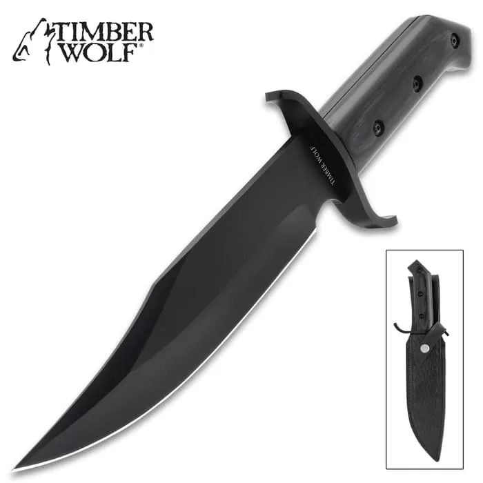 Timber Wolf Blackout Bowie Knife And Sheath - Black 3Cr13 Stainless Steel Blade, Wooden Handle Scales - Length 12 1/2”