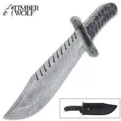 Timber Wolf Shark Back Knife And Sheath - Damascus Steel Blade, Wooden Handle, Lanyard Hole - Length 15 1/2"