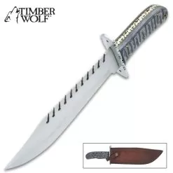 Timber Wolf Jagged Edge Knife And Sheath - Stainless Steel Blade, Wooden Handle, Lanyard Hole - Length 15 1/2"