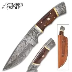 Timber Wolf Alpine Fixed Blade Knife With Sheath - Damascus Steel Blade, Wooden Handle, Brass Accents - Length 9β