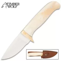 Timber Wolf Deer Stalker Skinner Knife And Sheath - Stainless Steel Blade, Genuine Bone Handle, Brass Pins And Guard - Length 7 1/2”