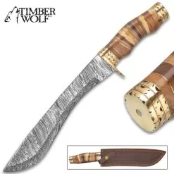 Timber Wolf Primeval Canyon Machete And Sheath - Damascus Steel Blade, Walnut Wood Handle, Brass Handguard - Length 15 1/4β