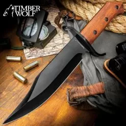 Timber Wolf ClaimStaker Bowie Knife And Sheath - 3Cr13 Stainless Steel Black Blade, Full-Tang, Wooden Handle - Length 12 1/2”