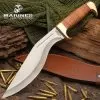 USMC Stacked Leather Handle Kukri Knife - Stainless Steel Blade, Stacked Leather Handle, Brass Pommel - Length 16 1/2”
