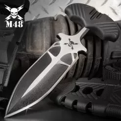 M48 Fang I Tactical Push Dagger And Sheath - Cast Stainless Steel Blade, Black Oxide Coating, TPR Handle - Length 7 3/8”