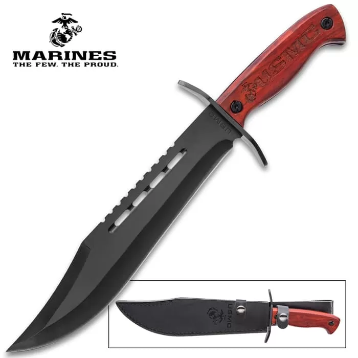 USMC Bowie Knife With Sheath - Stainless Steel Blade, Marines Themed Etches, Wooden Handle Scales - Length 14 1/2β