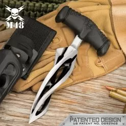 M48 Cyclone Push Dagger And Sheath - 2Cr13 Cast Stainless Steel Blade, Black Oxide Coating, TPR Rubber Handle - Length 7 3/8”