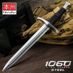 Honshu Crusader Quillon Dagger With Sheath - 1060 Carbon Steel Blade, Injection-Molded TPR Handle, Cast Steel Pommel - Length 18 5/8”