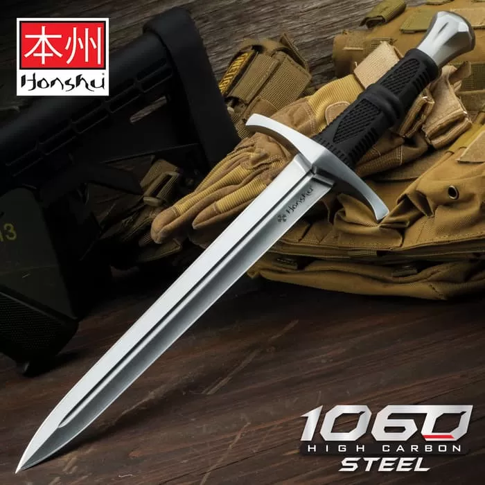 Honshu Crusader Quillon Dagger With Sheath - 1060 Carbon Steel Blade, Injection-Molded TPR Handle, Cast Steel Pommel - Length 18 5/8β