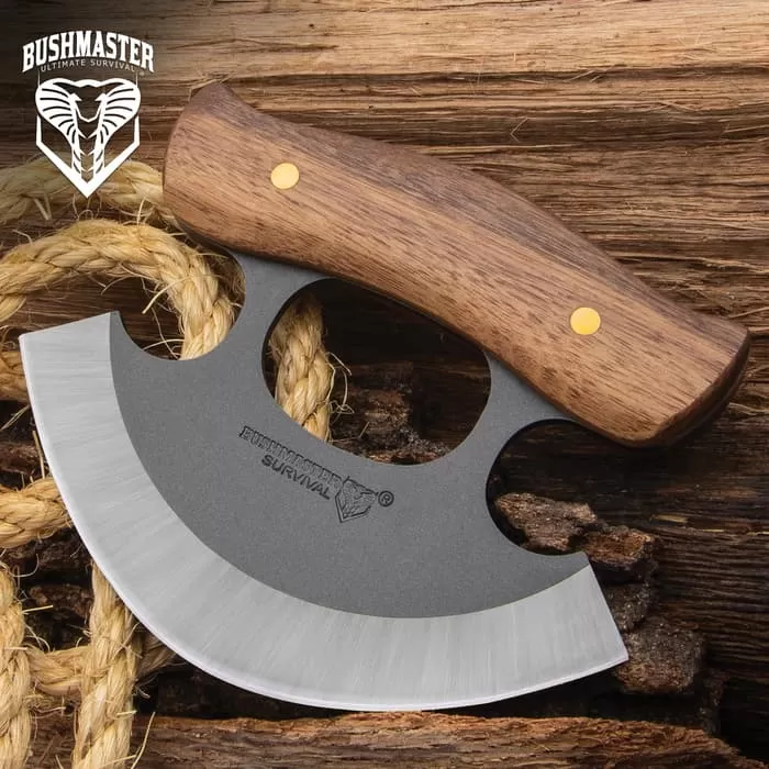 Bushmaster Wilderness Ulu Knife And Sheath - 1095 High Carbon Steel Blade, Hardwood Handle, Brass Pins - Length 4 4/10β