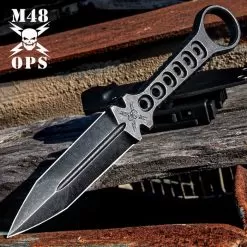 M48 Tanker Combat Dagger And Sheath - 3Cr13 Stainless Steel Construction, Stonewashed Finish, Open-Ring Pommel