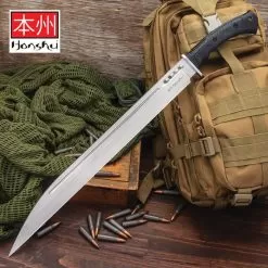 Honshu Boshin Seax Knife With Sheath - 7Cr13 Stainless Steel Blade, Contoured TPR Handle, Lanyard Hole - Length 25 3/4”